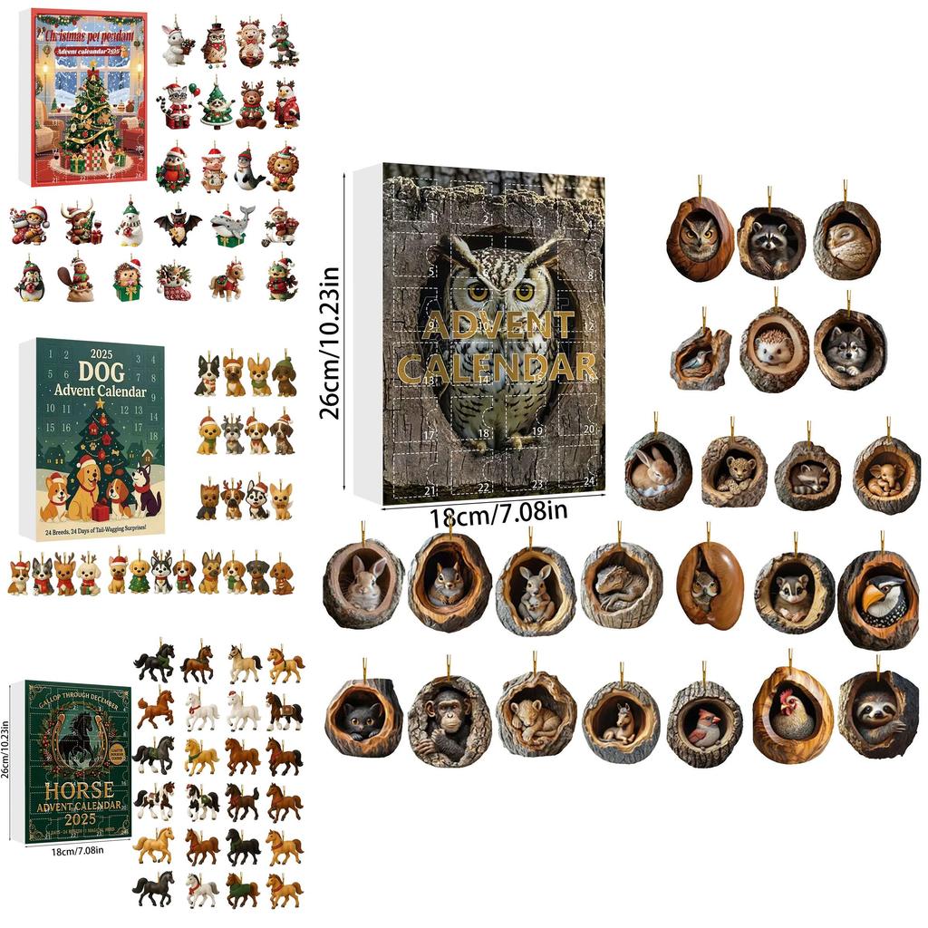 Calendario dell'Avvento in Acrilico con Pug, Gatto, Cavallo, Corgi e Animali, con 24 Decorazioni per Scambio di Regali Natalizi