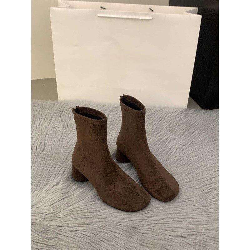 High Heel Suede Skinny Short Boots Women's Season Brown Martin Boots French Small Ankle Boots