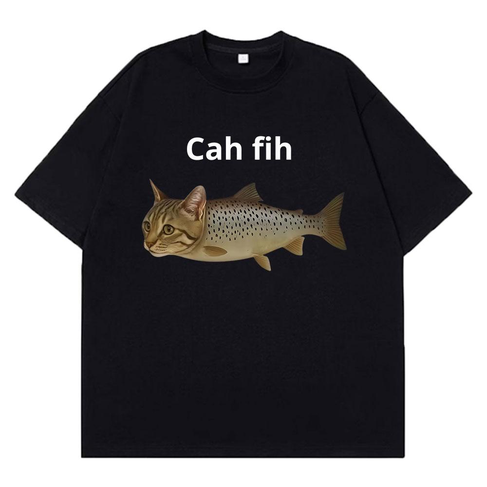 Cah Fih TShirt Fih Funny Mispelled Fish Meme T Shirt Cat And Fish Graphic Humor Tshirt Casual Short Sleeve Clothes Graphic Y2k