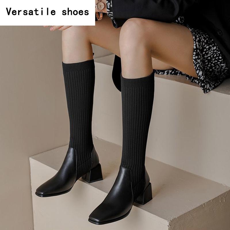 Sock Women Knee High Boots Fashion Slip On Long Booties Vintage Square Heels Ladies Shoes