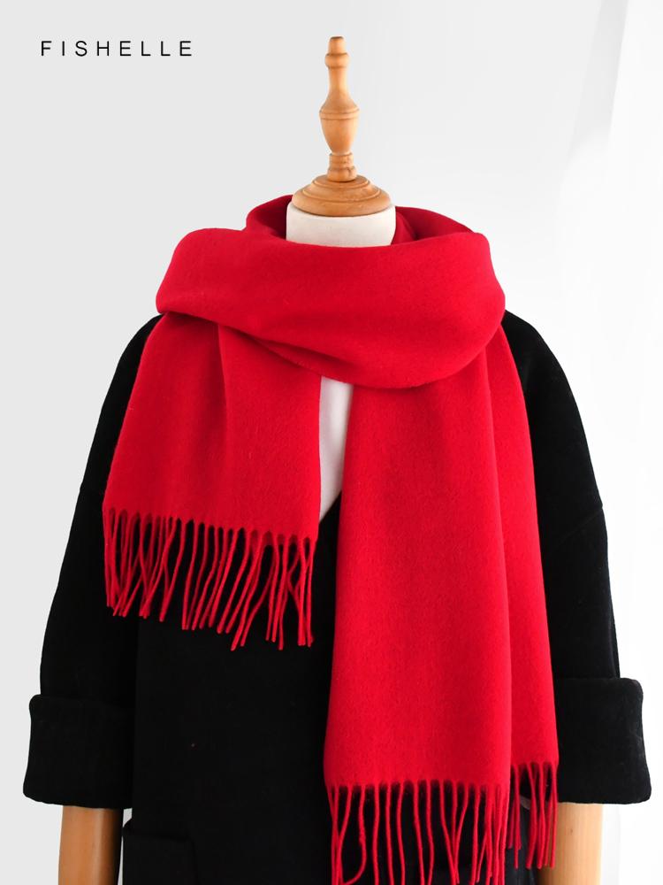 Red Claret Pure 100% Wool Scarf for Women's Thin Warm Shawl Winter Solid Color Wine Red Men Scarves New Year's Gift