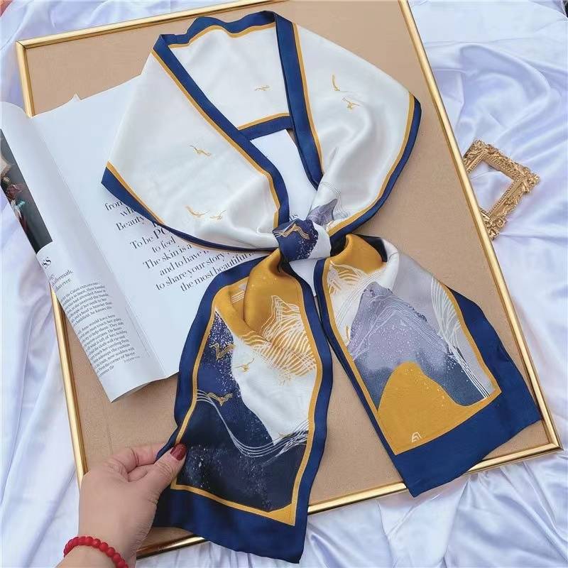 Luxury Women Elegant Boho-Chic Print Scarf Headband Neckerchief Foulard Female Hair Scarfs Neck Tie Skinny Scarves Soft Satin