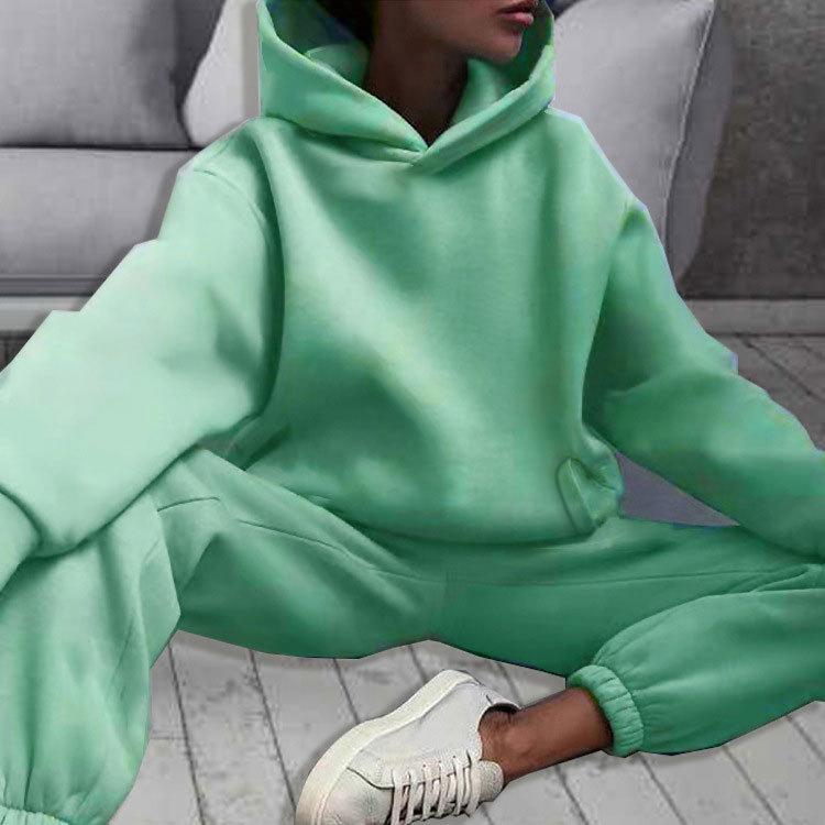 2026 cross-border foreign trade women's clothing, new spring models in Europe, America, solid color casual sports style hooded sweater trousers set