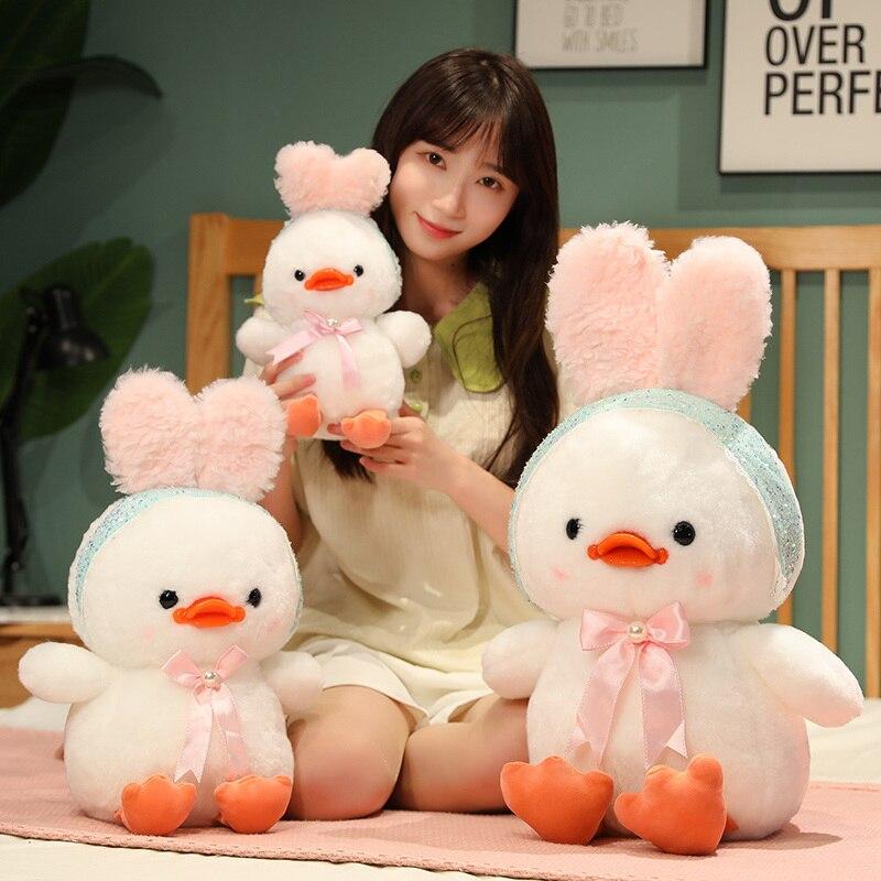 Urocza kaczka pluszowa zabawka Kawaii puszysta kaczka z uszami królika poduszka niespodzianka urodziny prezent na boże narodzenie dla dziewczynek