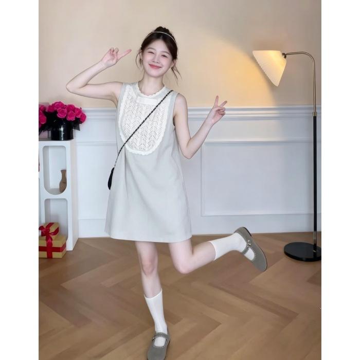Summer lace splicing color matching zipper dress women's small loose age-reducing short vest skirt