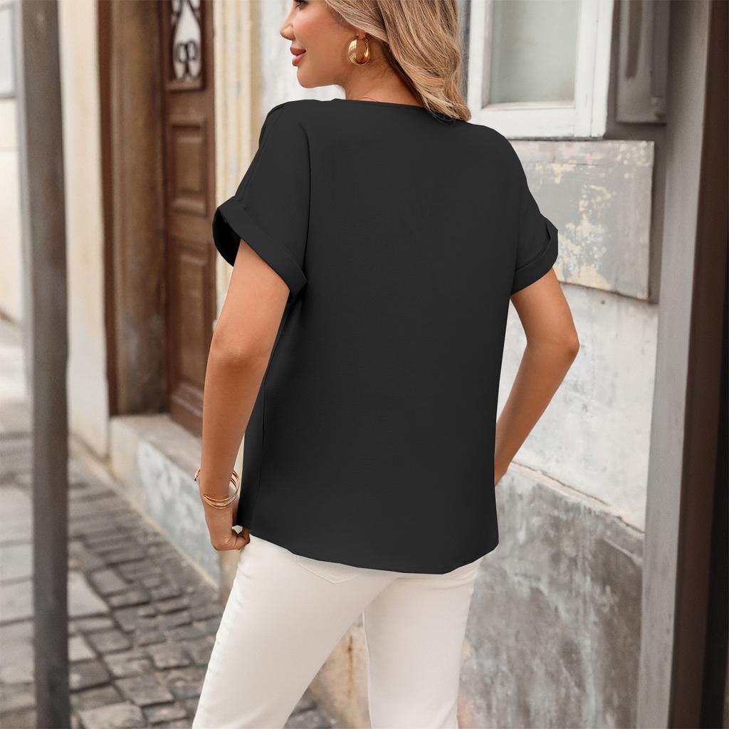 Women's Fashion Casual Short Sleeve Shirt V Neck Blouse Lightweight Loose Fit Top for Everyday Wear and Office