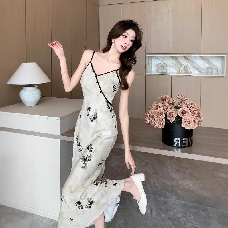 Authentic Chinese-Style Satin Camisole Dress: National Print, Bias Cut, High Waist, Slimming, Long-Tempered Fit