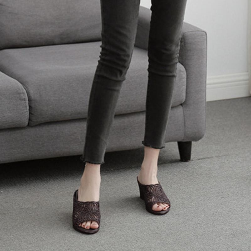 Retro Summer Wedge Shoes for Women's Sandals Open Toe Platform Hollow Flowers Retro Lady High Heel Casual Non-slip Female Sandal