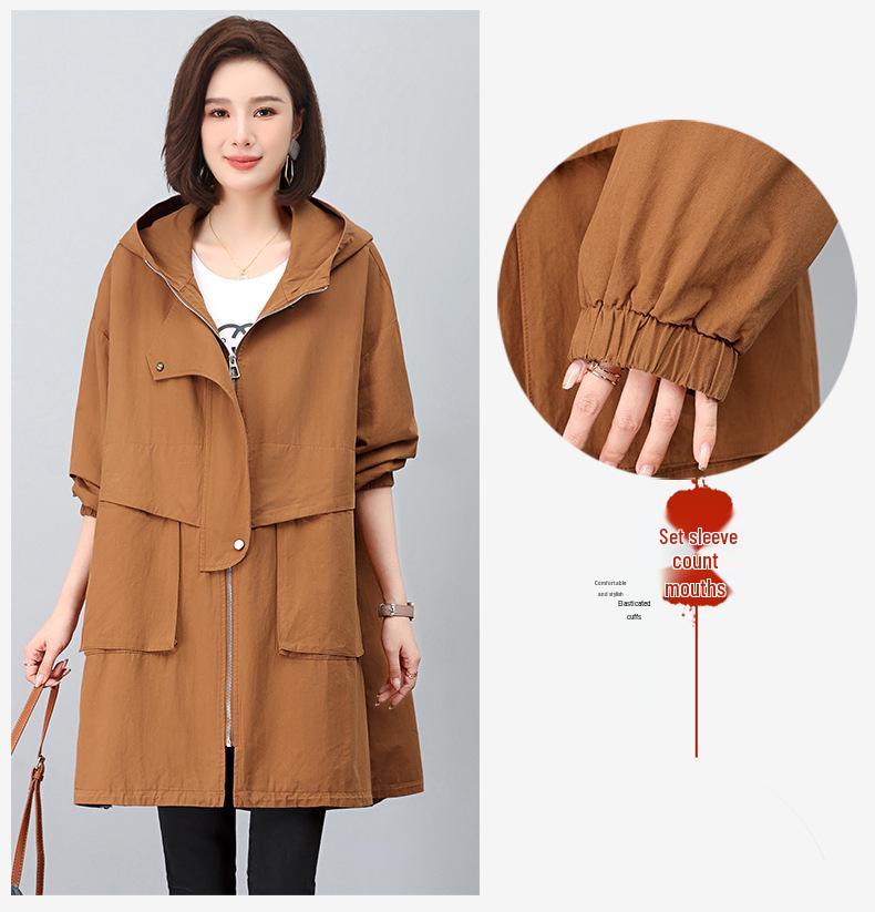 2024 Plus-Size Mid-Length Hooded Trench Coat for Women: Loose, Casual, and Fashionable Spring/Autumn Style Outerwear for Moms.