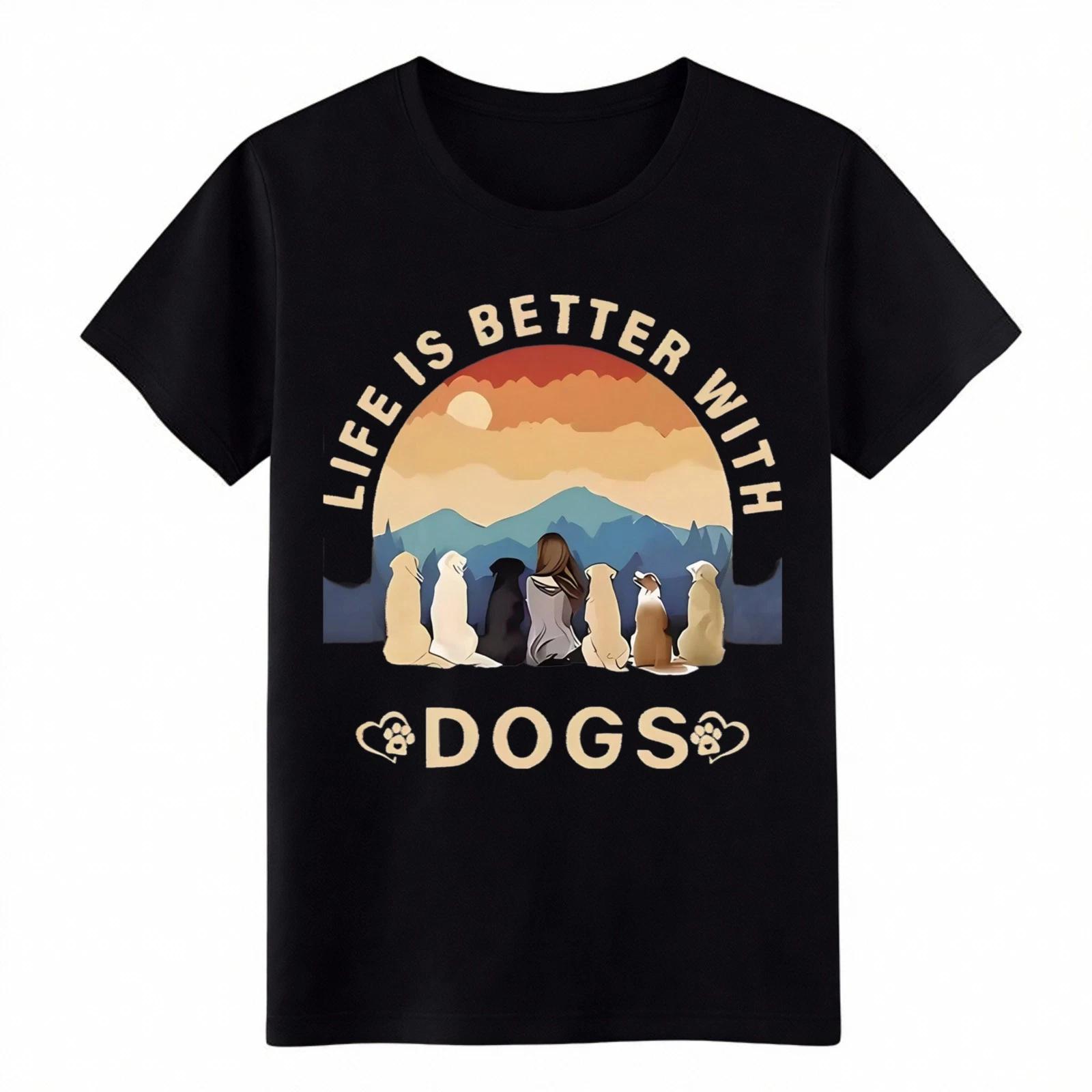 Retro Life Is Better With Dogs Dog Mom Sunset Shirt-Unisex Pet Lover Graphic Tee 4XL