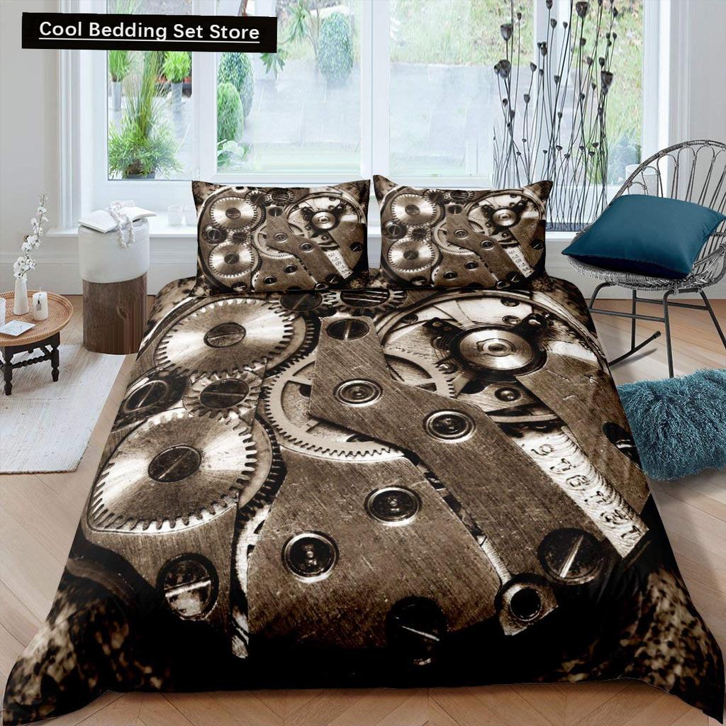 Golden Industrial Gear King Full Duvet Cover Steampunk Style Bedding Set Mechanical Device Quilt Cover Polyester Comforter Cover