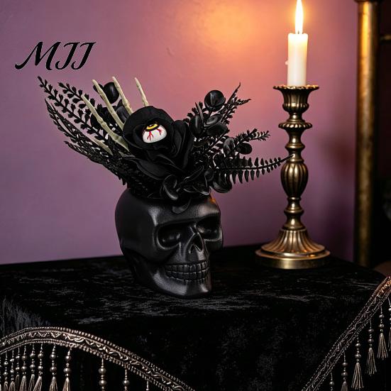 Durable Plastic Skull Spooky Figurine, Black Red Rose Creepy Eyeballs Skeleton Halloween Ornament Table Centerpiece for Tabletop, Desk, Mantel, Shelf,
