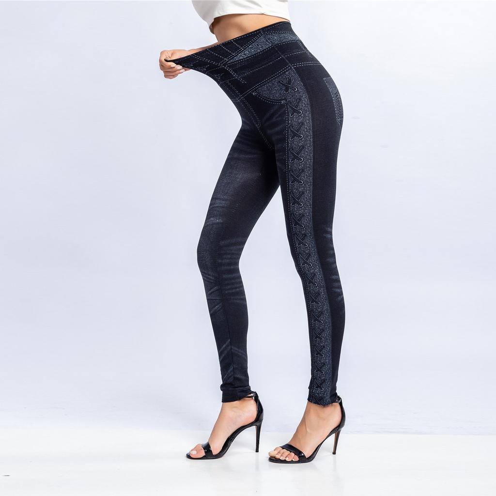 Women's Stretchy Skinny Print Jeggings Lmitation Jeans Seamless Ninth Pants