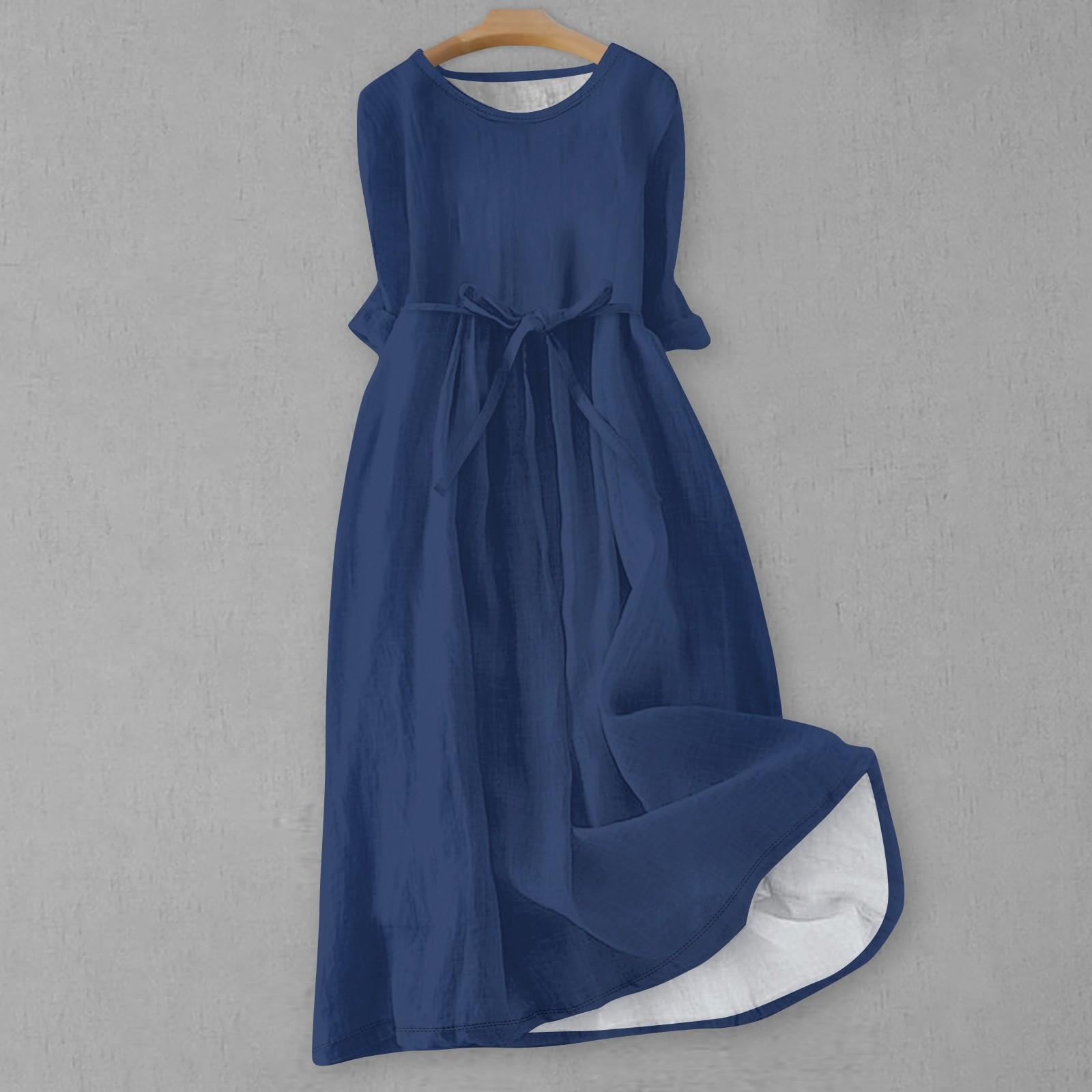 

Женская мода повседневное однотонное платье с круглым вырезом и рукавами 3/4 на бретелях S