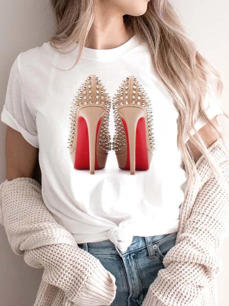 Modisches bedrucktes High-Heel-T-Shirt für Damen Modisches weißes Kurzarm-T-Shirt mit Schleifendesign Lässiges Home-Top für Mädchen
