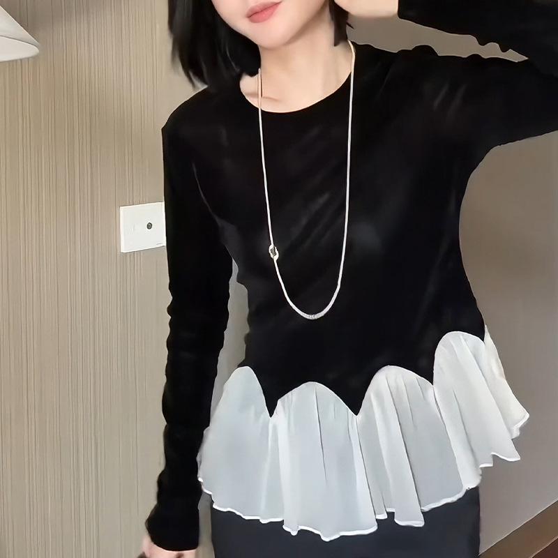 2024 Frühherbst Schickes Schwarz-Weiß Color-Block Langarm-Top