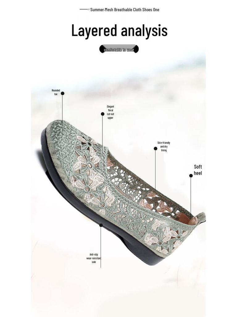 Women's Breathable Mesh Slip-On Shoes - Summer Embroidered Soft Sole, Non-Slip for Middle-Aged & Elderly