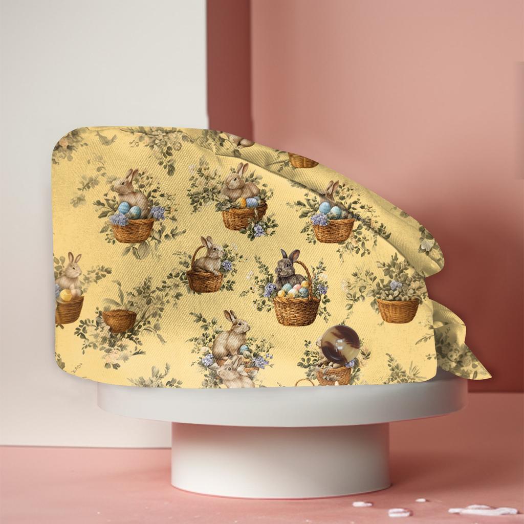 Unisex Bouffant Tie Back Scrub Cap with Rabbit and Egg Print Adjustable Nurse Hat for Work Kitchen Spa