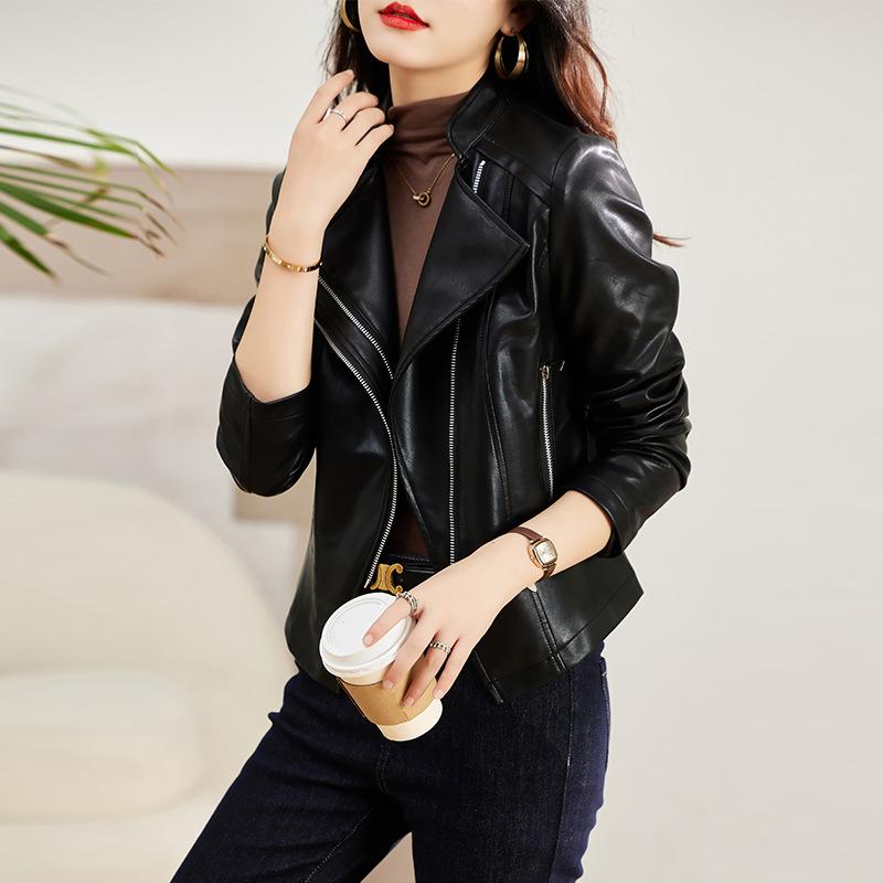 

Куртка из натуральной кожи женская короткая весна и осень новый стиль овчина мотоциклетный костюм воротник куртка тонкая утягивающая женская одежда 2XL