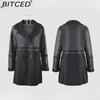 BITCED Mid-Length Women's Leather Jacket with Patchwork Details, Reversible Vintage Style, Fleece-Lined Thickened Leather and Fur Combination Coat