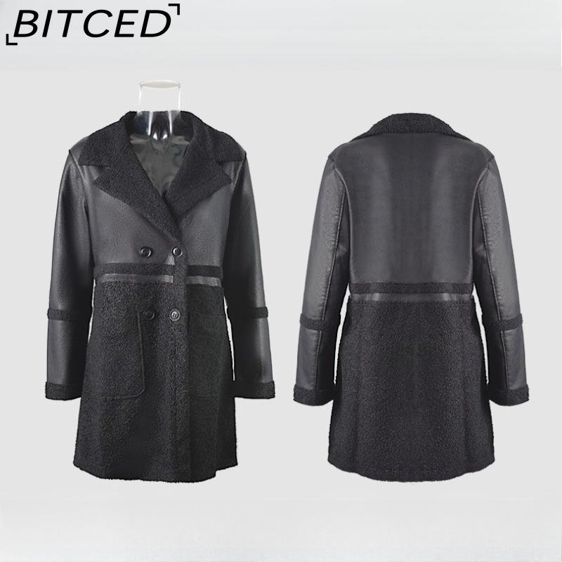 BITCED Mid-Length Women's Leather Jacket with Patchwork Details, Reversible Vintage Style, Fleece-Lined Thickened Leather and Fur Combination Coat