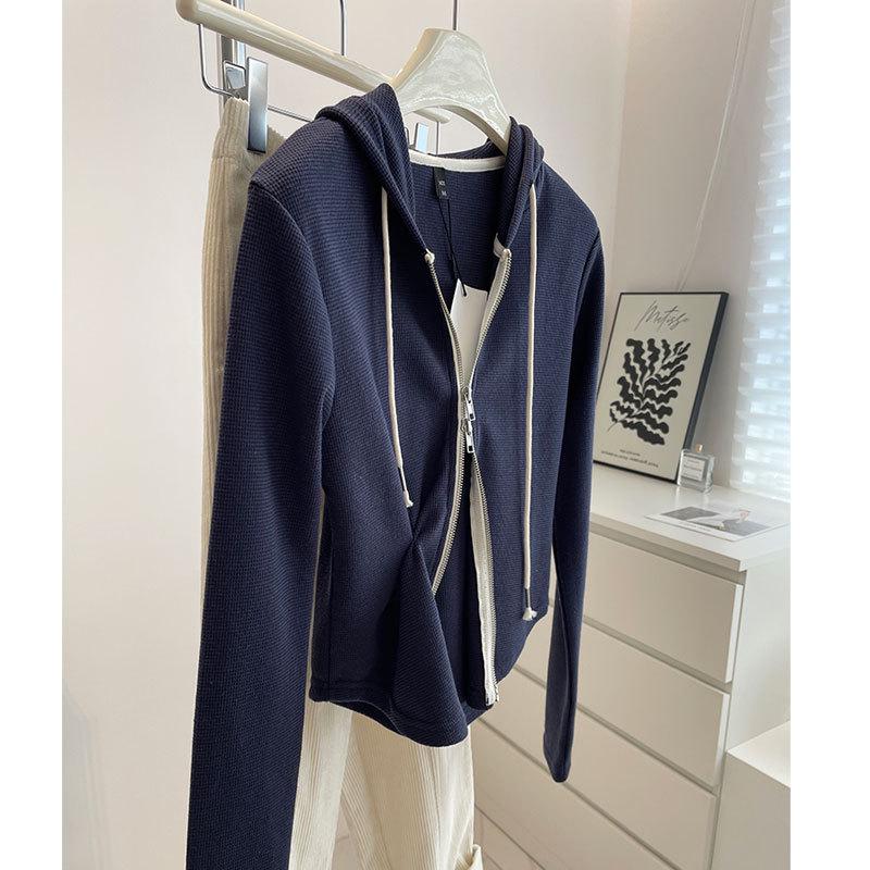 

Women s Slimming Retro Hoodie: Petite Fit, Curved Hem, Double Zipper, Thin Jacket L [Weight 90-105 lbs]