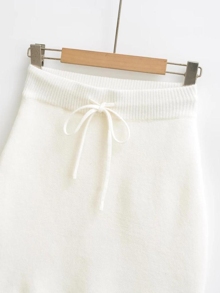 2025 Autumn/Winter High-Waisted Knit Ribbed Bodycon A-Line Skirt with Tie-Up Detail