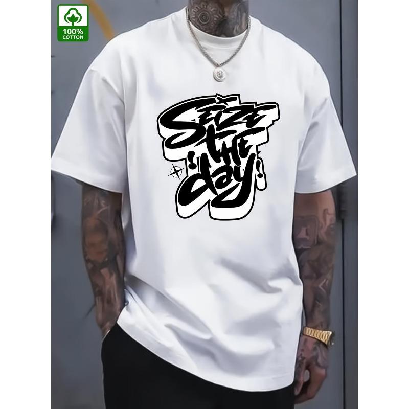 

European Size Men S Loose-Fitting Oversized T-Shirt Featuring a Motivational Seize The Day Print - a White Retro Casual Tee with Short Sleeves S белый