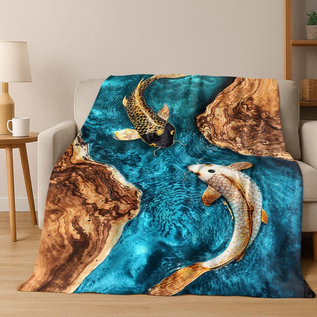 Luxuriöse Glückskarpfen Yin Yang Karpfen Cartoon Flanell Decke, Gemütliche Weiche Überwurfdecke für Zuhause Schlafzimmer Bett Sofa Abdeckung Geschenk Kind