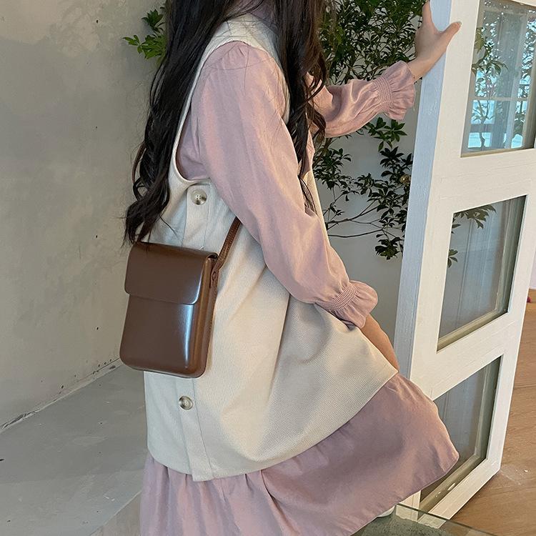 Trendy Vertical Mini Girl Small Square Bag Simple Cross-section Mobile Phone Bag Solid Color Pu Coin Wallet Small Bag Women
