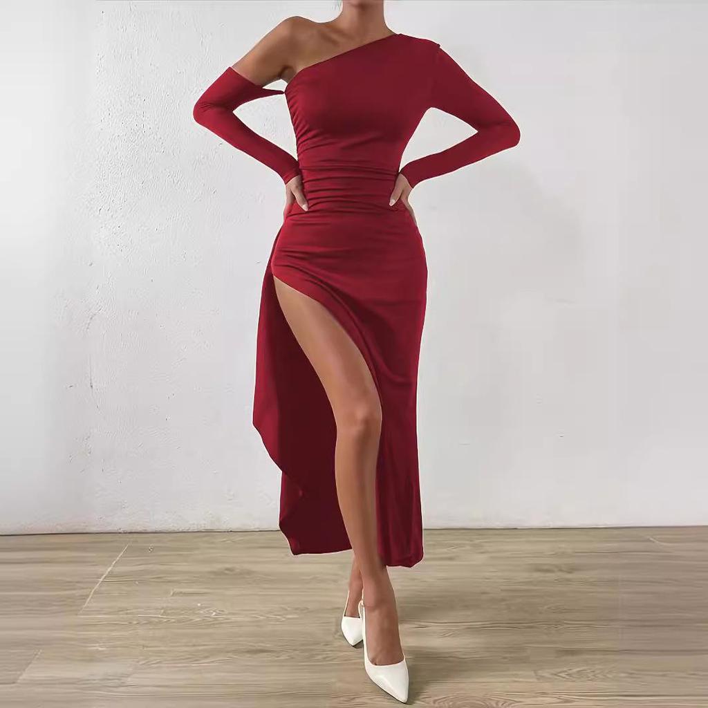 Summer Long Sleeve Off-Shoulder Bodycon Dress with Irregular Slit
