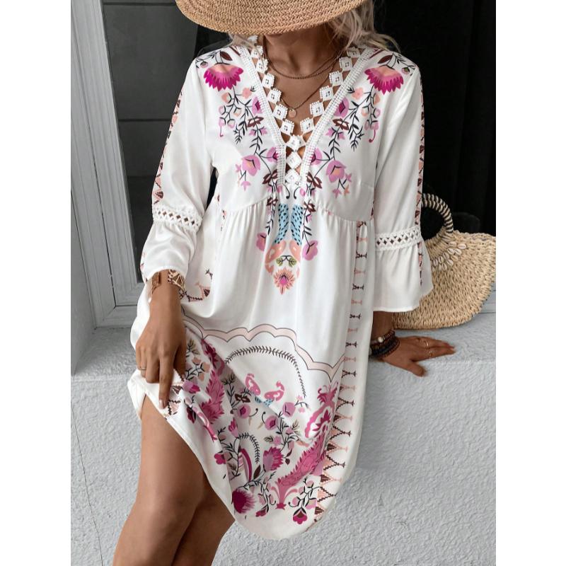 Women's V-Neck Lace Trim Printed Midi Dress, Short Sleeve Casual Floral Summer Dress for Daily Wear