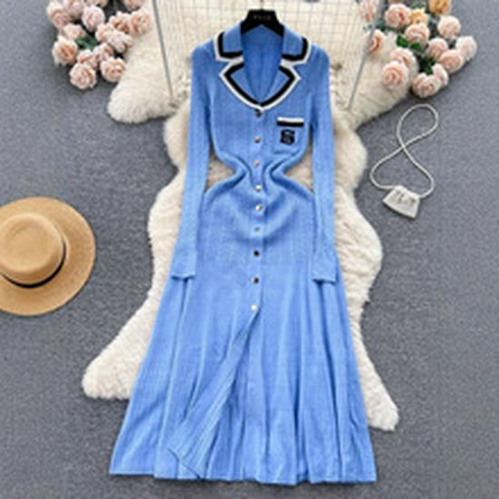 Dámské elegantní letní džínové patchworkové dlouhé šaty, zapínání na knoflíky, kulatý výstřih, pletené šaty