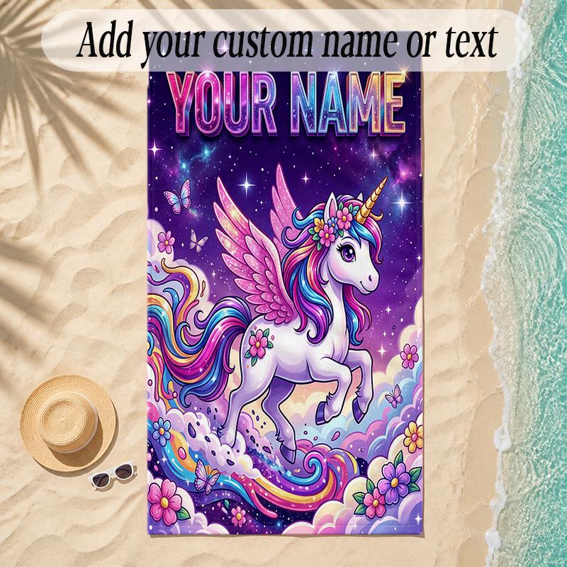 Unicorn Theme Soft Beach Towel Personalized Custom Name Text Towel Portable for Beach Pool Travel