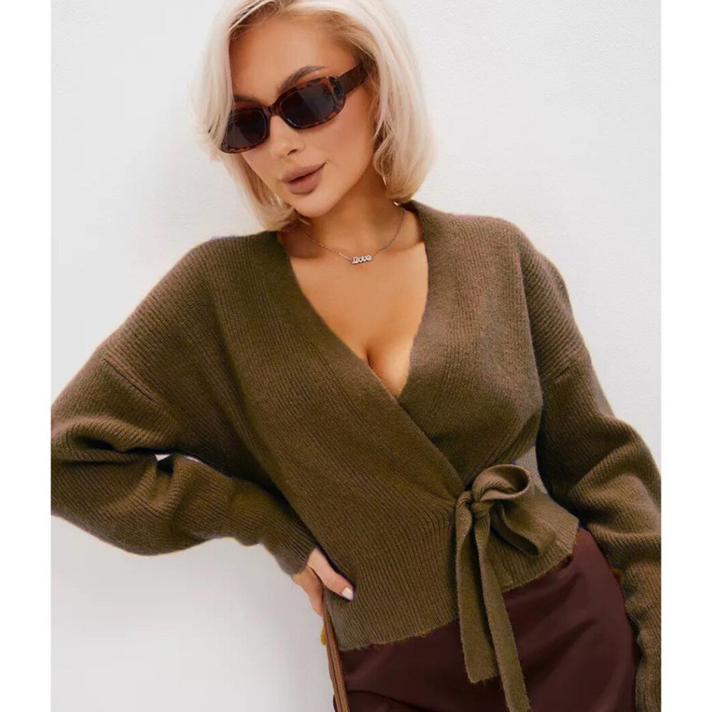 2026 Fall Sexy V-Neck Tie-Up Knit Cardigan - Flattering European & American Women's Coat