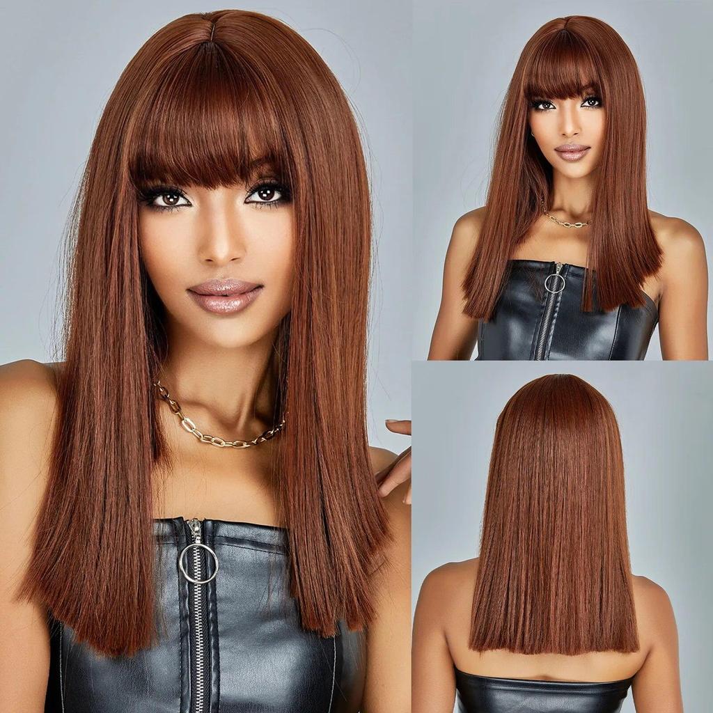 Green Synthetic Cosplay Wig with Bangs Medium Length Straight Wigs for Women Halloween Party Natural Hair Wig Heat Resistant