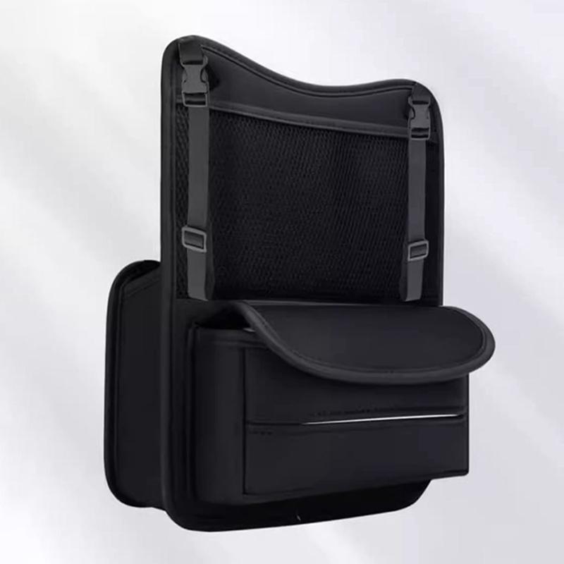 One Durable PU Leather Car Seat Storage Bag With Cup Holder, Side Pockets And Front Storage Compartment.
