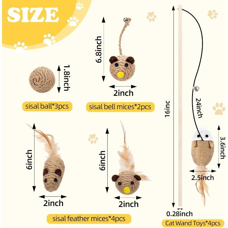 Interactive Cat Toys Set for Indoor Cats Wooden Wand with Bell Feather Sisal Mouse Balls Chew Rope Kitten Chase Exercise Play Pet Supplies
