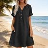 Travel Friendly Dress Summer Short Sleeve for Women, Casual Button Up V Comfortable Everyday Neck A-line Dress, Flowy Beach Vacation Sundress