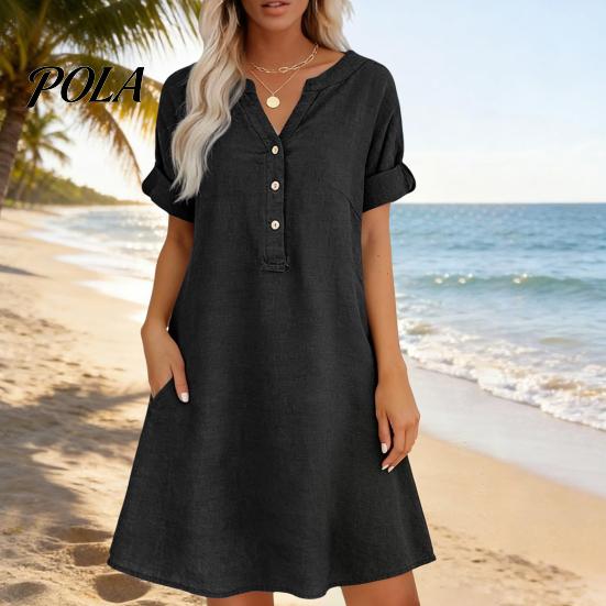Travel Friendly Dress Summer Short Sleeve for Women, Casual Button Up V Comfortable Everyday Neck A-line Dress, Flowy Beach Vacation Sundress