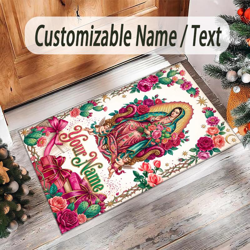 Virgin Mary Theme Crystal Velvet Rug Personalized Custom Name Text Soft Floor Mat Home Decor