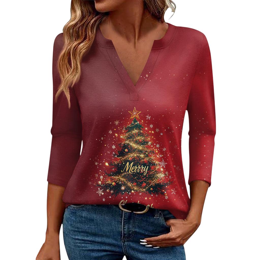 Women's Casual Fashionable Sexy Comfortable V-Neck Christmas Three-Quarter Sleeve Top