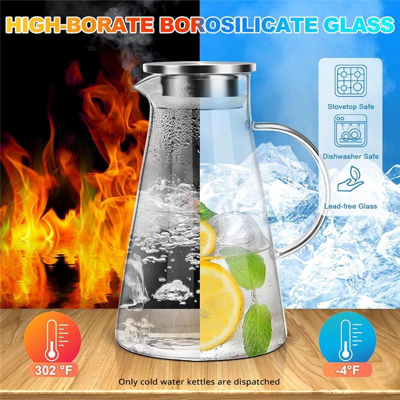 Literglass Glass Water Carafe Pitcher 1.8 Liter With Lid Heat Resistant Easy Clean For Hot/Cold Beverages Cold Brew,Tea Juice