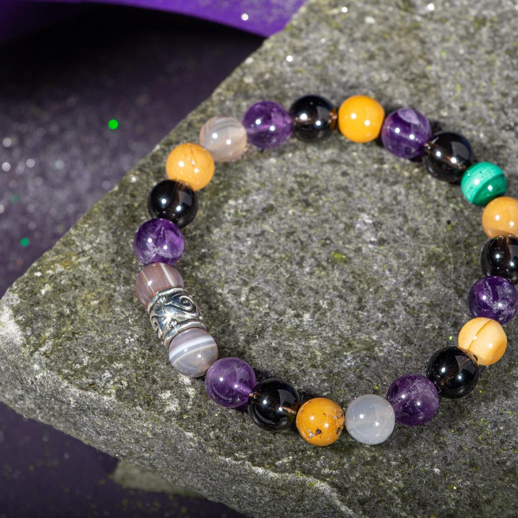 Bransoletka Koziorożec Kwarc dymny, Tygrysie oko, Czerwony Agat, Różowy Kwarc, Selenit