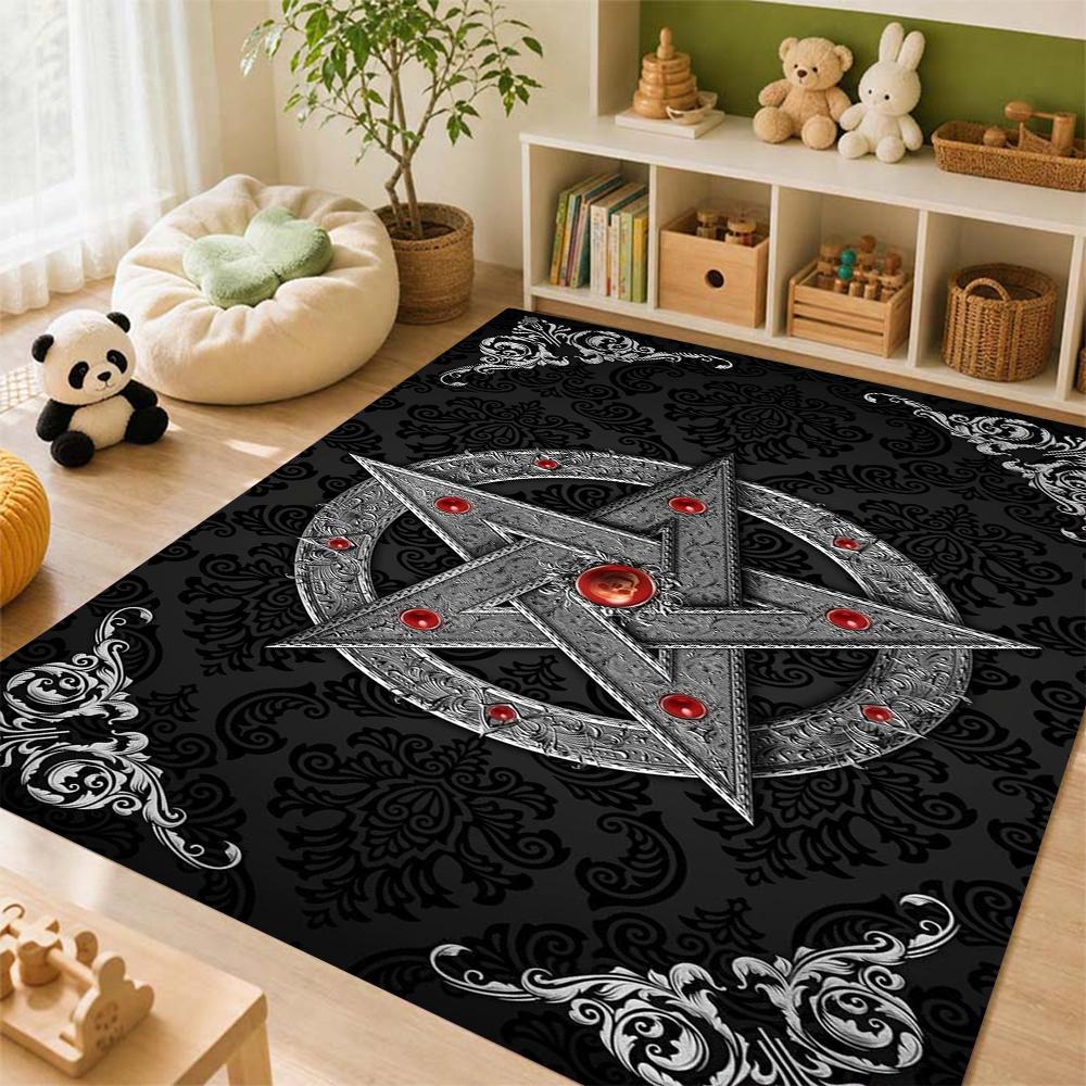 Dark Gothic Pentacle Ruby Accents Patterned Rug Nonslip Thick Carpet For Living Room Bedroom Hallway Home Decor Birthday Gift