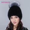 SOMALER Real Mink Fur Hats for Winter Women Fur Cap with Fox Fur Pom Pom Knitted Beanies