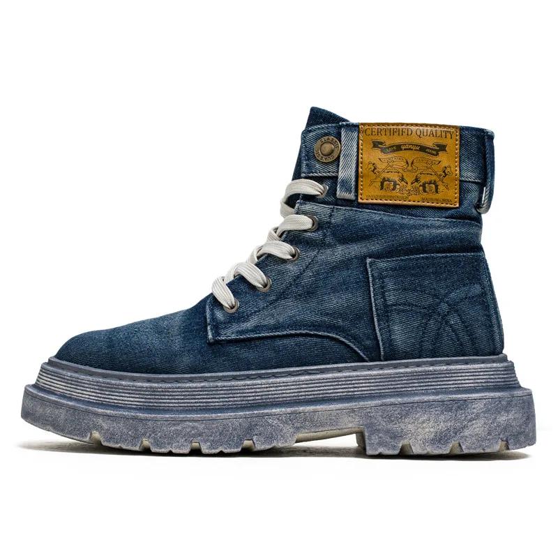 

Мужские ботинки в стиле милитари, базовые ботинки в западном стиле, мужская обувь для работы с высоким верхом, мужские ботинки для улицы, ретро-ботинки из синего денима, мужские ботинки на шнуровке на платформе 44 чёрный