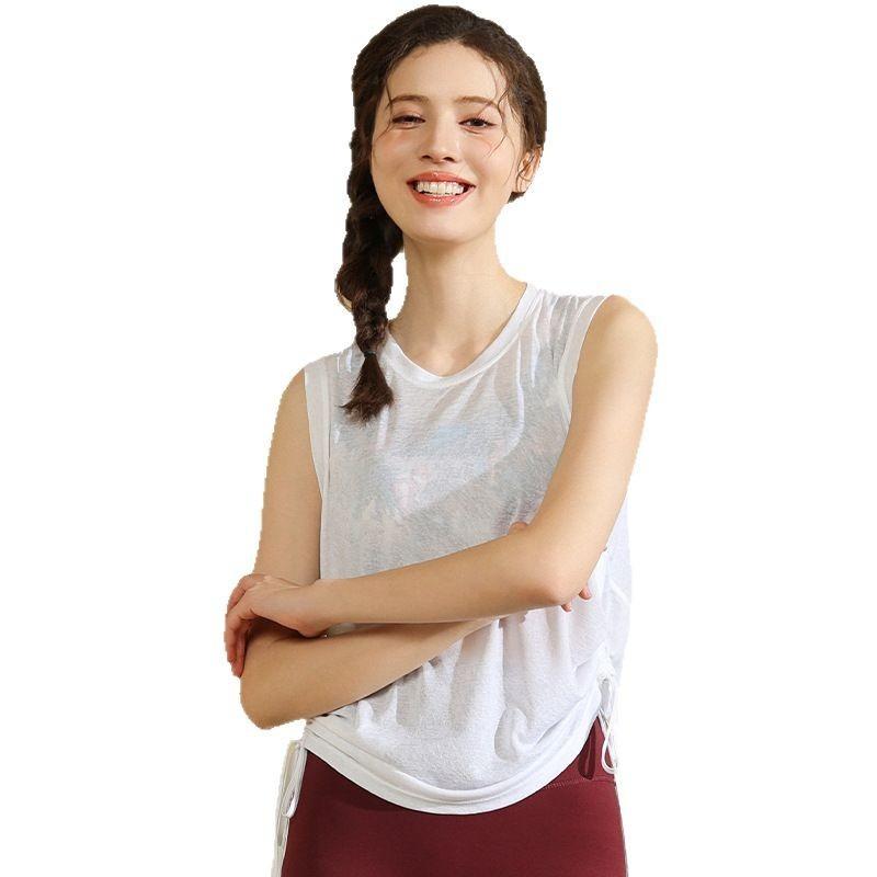 Slub Yarn Summer Breathable Yoga Blouse Women's Loose Round Neck Sleeveless Sports Blouse Hem Drawstring Yoga Blouse