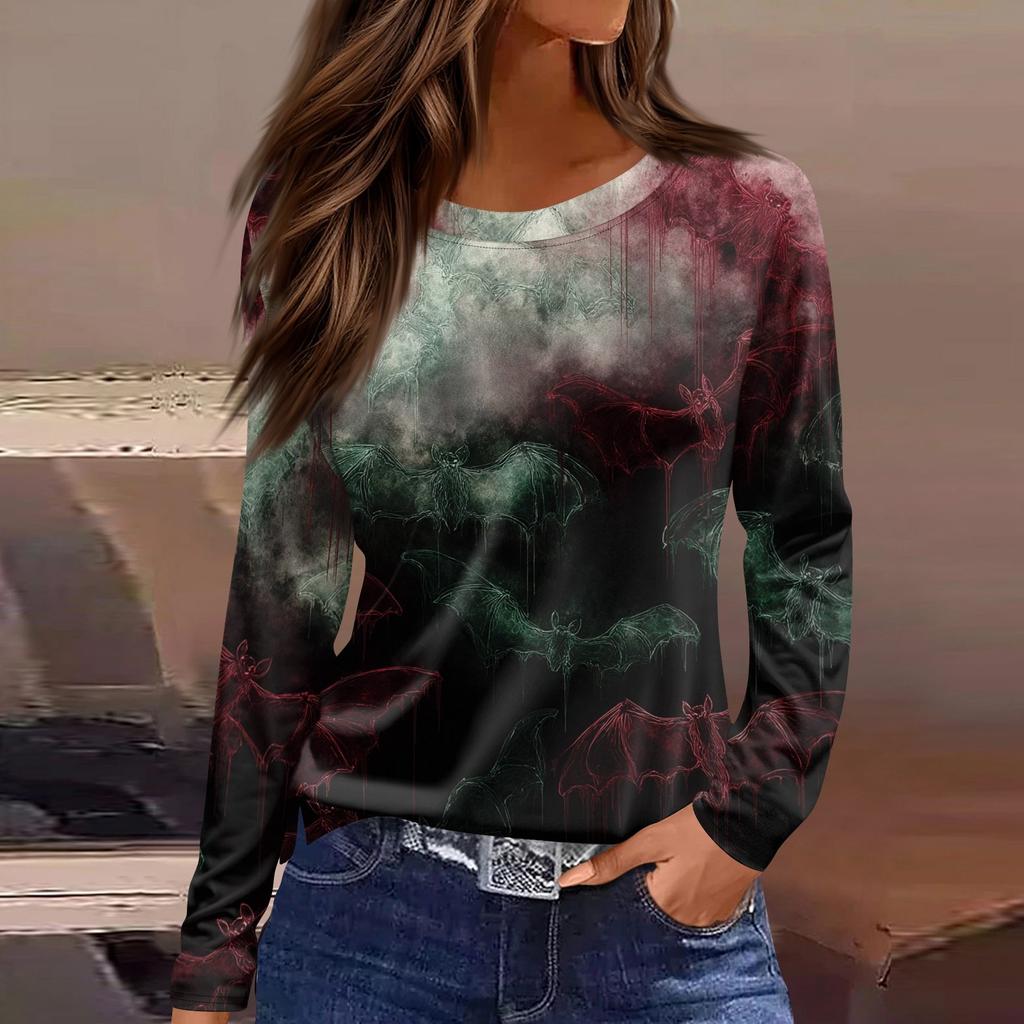 Mote Casual Langermet Trykk Rund Hals Pullover Topp Bluse for Kvinner