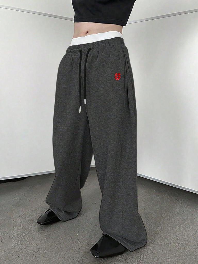 Men's Cross-Border Embroidered Sweatpants: Casual Wide-Leg, Autumn/Winter, Plus Velvet